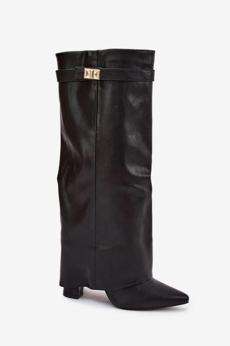 Discount Boto Kozaki Damskie Na Słupku Z Wywiniętą Cholewką I Złotym Detalem Czarne Diorna