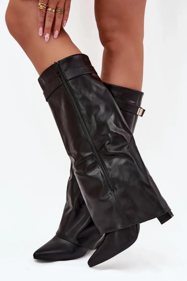 Discount Boto Kozaki Damskie Na Słupku Z Wywiniętą Cholewką I Złotym Detalem Czarne Diorna