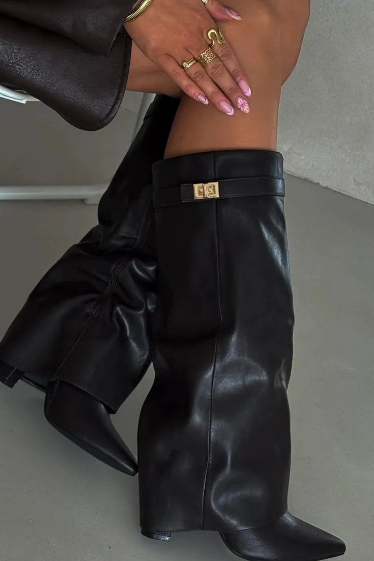 Discount Boto Kozaki Damskie Na Słupku Z Wywiniętą Cholewką I Złotym Detalem Czarne Diorna