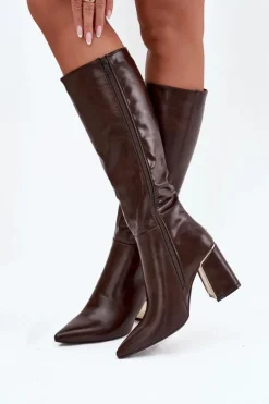 Damskie Boto Kozaki Damskie Na Słupku Ze Złotym Elementem Czekoladowe Alessine