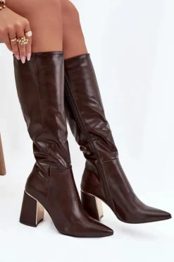 Damskie Boto Kozaki Damskie Na Słupku Ze Złotym Elementem Czekoladowe Alessine