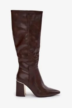 Damskie Boto Kozaki Damskie Na Słupku Ze Złotym Elementem Czekoladowe Alessine