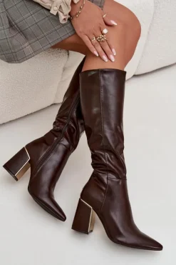 Damskie Boto Kozaki Damskie Na Słupku Ze Złotym Elementem Czekoladowe Alessine