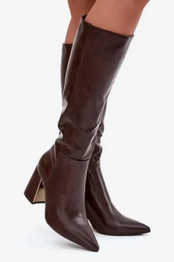 Damskie Boto Kozaki Damskie Na Słupku Ze Złotym Elementem Czekoladowe Alessine