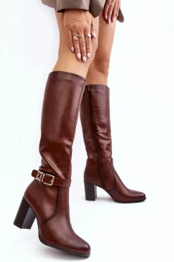 Buty Sergio Leone Kozaki Damskie Na Słupku Z Klamrą Ocieplane Brązowe Sendilia