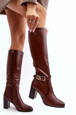 Buty Sergio Leone Kozaki Damskie Na Słupku Z Klamrą Ocieplane Brązowe Sendilia