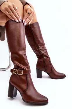 Buty Sergio Leone Kozaki Damskie Na Słupku Z Klamrą Ocieplane Brązowe Sendilia