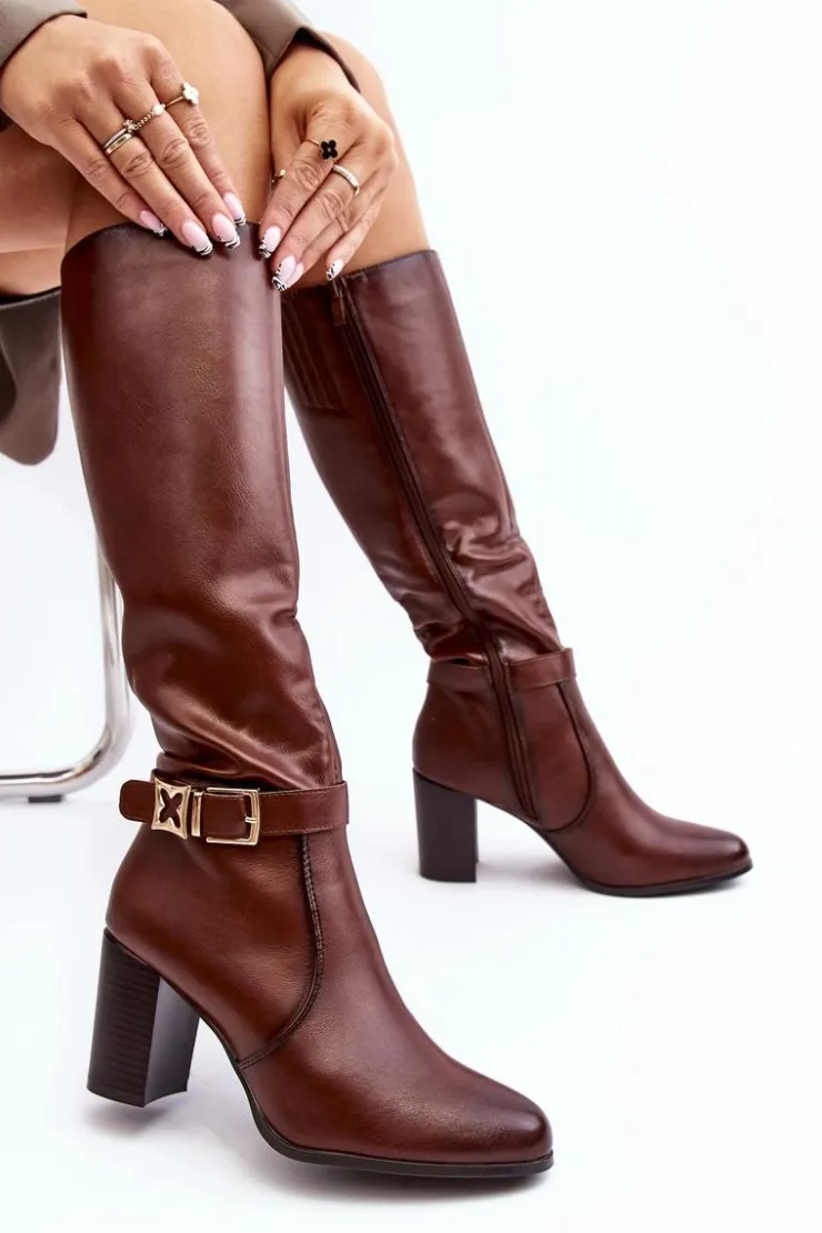 Buty Sergio Leone Kozaki Damskie Na Słupku Z Klamrą Ocieplane Brązowe Sendilia