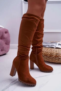 Damskie Boto Kozaki Damskie Na Słupku Zamszowe Camel Marion