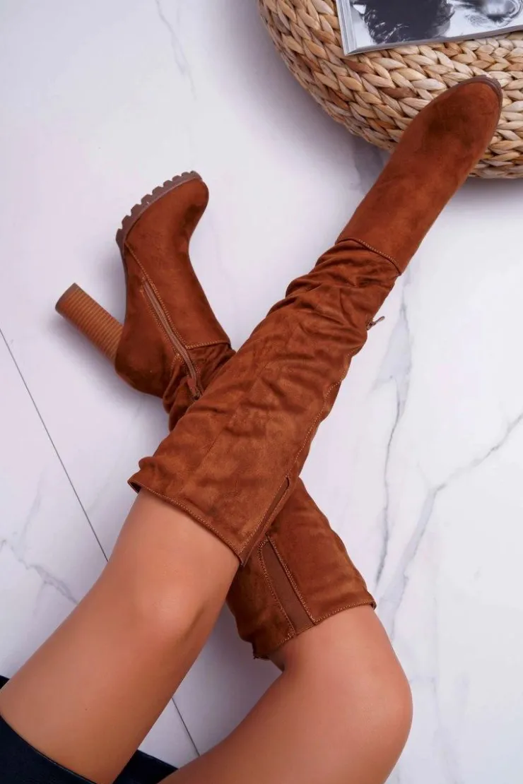 Damskie Boto Kozaki Damskie Na Słupku Zamszowe Camel Marion