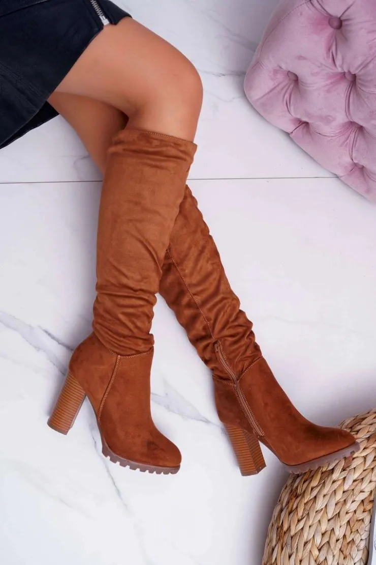 Damskie Boto Kozaki Damskie Na Słupku Zamszowe Camel Marion