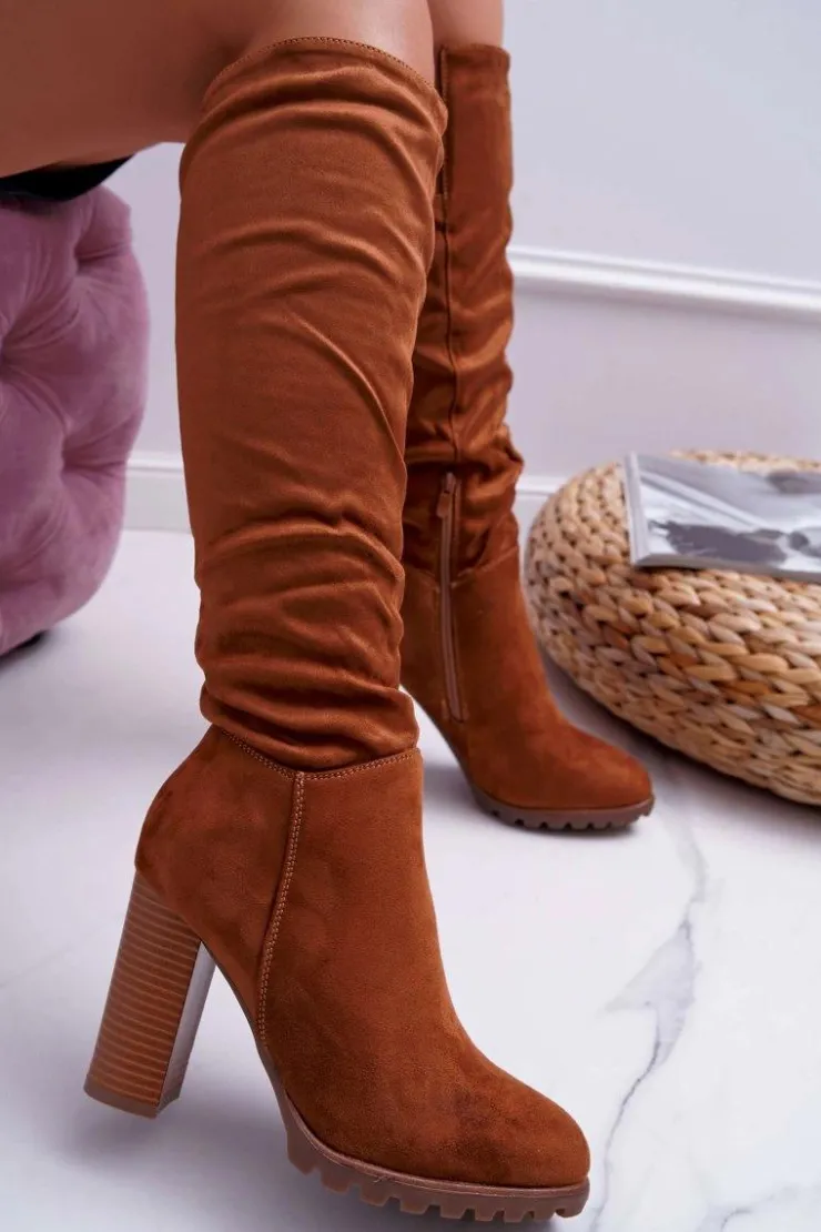 Damskie Boto Kozaki Damskie Na Słupku Zamszowe Camel Marion