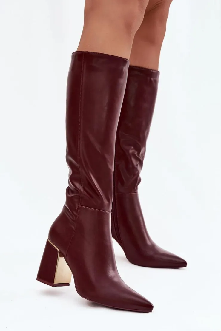 Boto Kozaki Na Słupku|Kozaki Przed Kolano*Kozaki Damskie Na Słupku Ze Złotym Elementem Bordowe Alessine