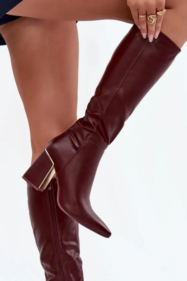 Boto Kozaki Na Słupku|Kozaki Przed Kolano*Kozaki Damskie Na Słupku Ze Złotym Elementem Bordowe Alessine