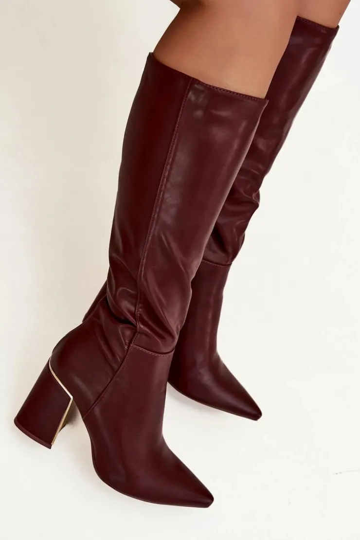 Boto Kozaki Na Słupku|Kozaki Przed Kolano*Kozaki Damskie Na Słupku Ze Złotym Elementem Bordowe Alessine