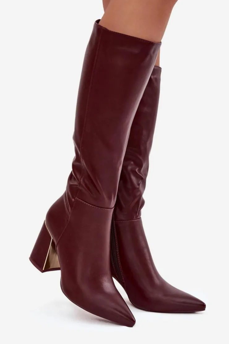 Boto Kozaki Na Słupku|Kozaki Przed Kolano*Kozaki Damskie Na Słupku Ze Złotym Elementem Bordowe Alessine