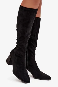 Damskie Boto Kozaki Damskie Na Słupku Z Przeszyciami Czarne Celandine