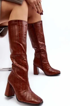 Damskie Boto Kozaki Damskie Na Słupku Z Ozdobnym Tłoczeniem Brązowe Vabaria