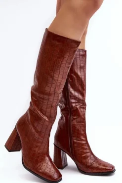 Damskie Boto Kozaki Damskie Na Słupku Z Ozdobnym Tłoczeniem Brązowe Vabaria