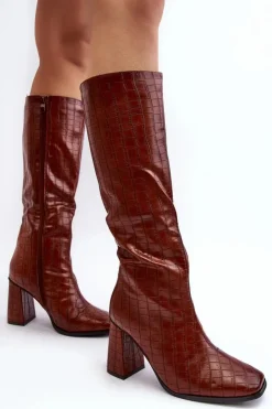 Damskie Boto Kozaki Damskie Na Słupku Z Ozdobnym Tłoczeniem Brązowe Vabaria