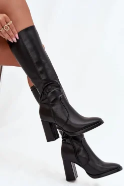 Hot Boto Kozaki Damskie Na Słupku Z Eko Skóry Ocieplane Czarne Lyvella Czarny