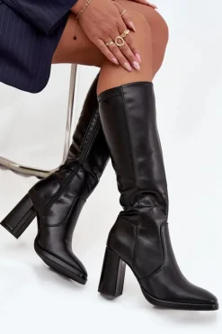 Hot Boto Kozaki Damskie Na Słupku Z Eko Skóry Ocieplane Czarne Lyvella Czarny