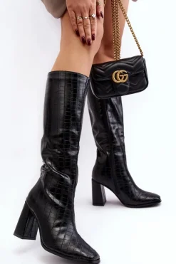 Boto Kozaki Przed Kolano|Kozaki Na Obcasie*Kozaki Damskie Na Słupku Z Ozdobnym Tłoczeniem Czarne Vabaria