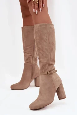 Best Boto Kozaki Damskie Na Słupku Ze Złotą Klamrą Ocieplane Beżowe Seraphine Beżowy