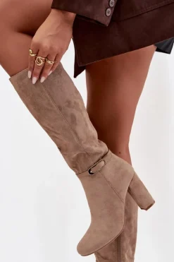 Best Boto Kozaki Damskie Na Słupku Ze Złotą Klamrą Ocieplane Beżowe Seraphine Beżowy