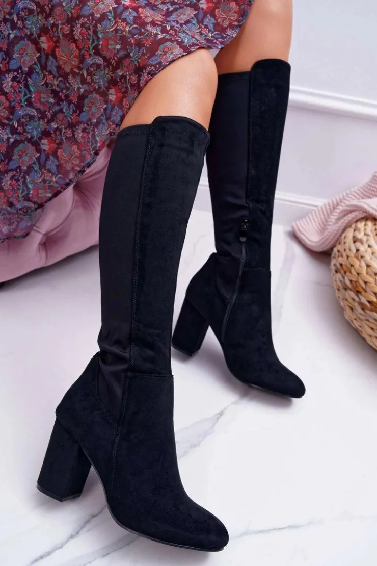 Damskie Boto Kozaki Damskie Na Słupku Zamszowe z Lycrą Czarne Machine