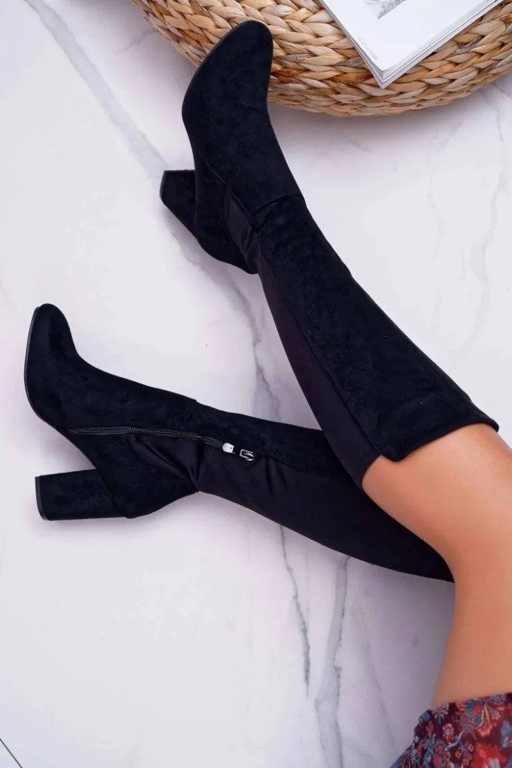 Damskie Boto Kozaki Damskie Na Słupku Zamszowe z Lycrą Czarne Machine