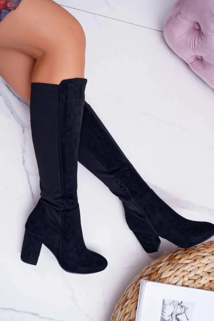 Damskie Boto Kozaki Damskie Na Słupku Zamszowe z Lycrą Czarne Machine