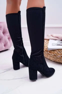 Damskie Boto Kozaki Damskie Na Słupku Zamszowe z Lycrą Czarne Machine