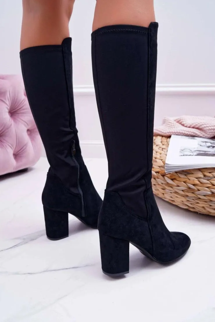 Damskie Boto Kozaki Damskie Na Słupku Zamszowe z Lycrą Czarne Machine