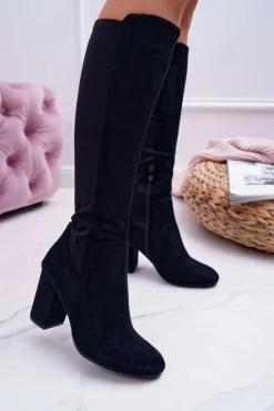 Damskie Boto Kozaki Damskie Na Słupku Zamszowe z Lycrą Czarne Machine