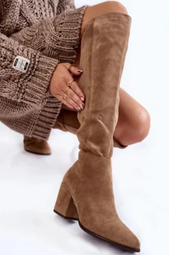 Clearance Buty damskie Vinceza Kozaki Damskie Na Słupku Zamszowe Beżowe Corrig