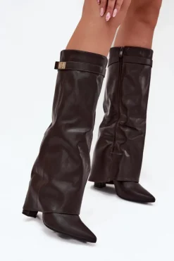 Damskie Boto Kozaki Damskie Na Słupku Z Wywiniętą Cholewką I Złotym Detalem Czekoladowe Diorna