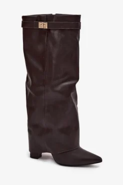 Damskie Boto Kozaki Damskie Na Słupku Z Wywiniętą Cholewką I Złotym Detalem Czekoladowe Diorna