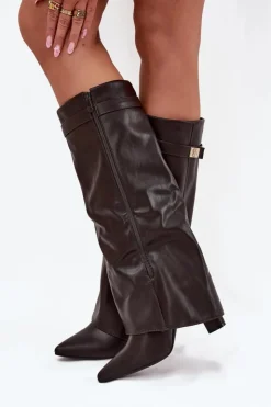 Damskie Boto Kozaki Damskie Na Słupku Z Wywiniętą Cholewką I Złotym Detalem Czekoladowe Diorna