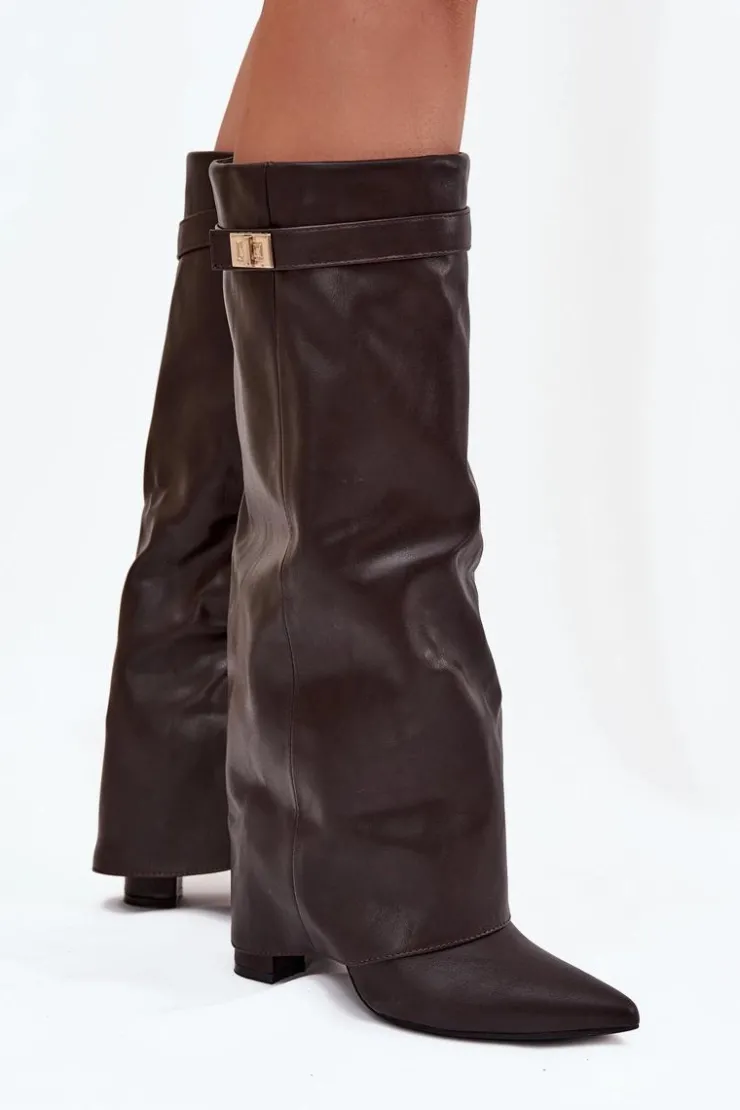 Damskie Boto Kozaki Damskie Na Słupku Z Wywiniętą Cholewką I Złotym Detalem Czekoladowe Diorna