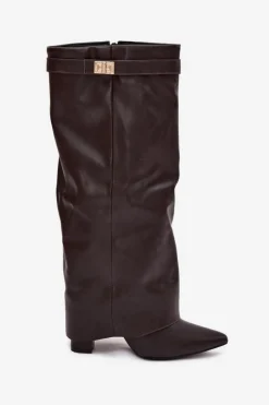 Damskie Boto Kozaki Damskie Na Słupku Z Wywiniętą Cholewką I Złotym Detalem Czekoladowe Diorna