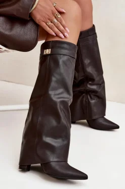 Damskie Boto Kozaki Damskie Na Słupku Z Wywiniętą Cholewką I Złotym Detalem Czekoladowe Diorna