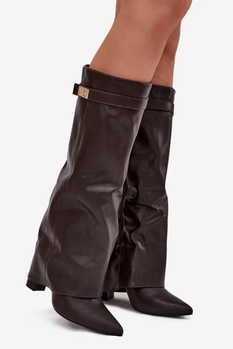 Damskie Boto Kozaki Damskie Na Słupku Z Wywiniętą Cholewką I Złotym Detalem Czekoladowe Diorna