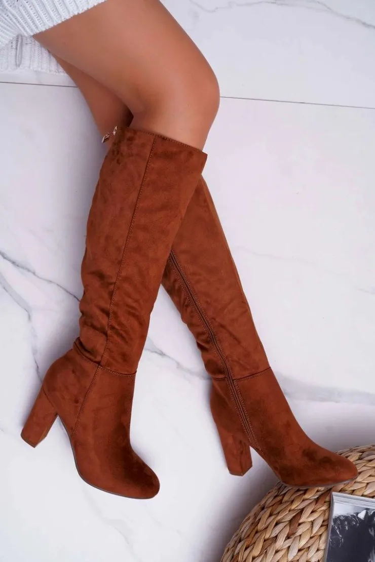 Damskie Boto Kozaki Damskie Na Słupku Zamszowe Camel Classy