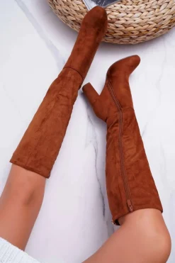 Damskie Boto Kozaki Damskie Na Słupku Zamszowe Camel Classy