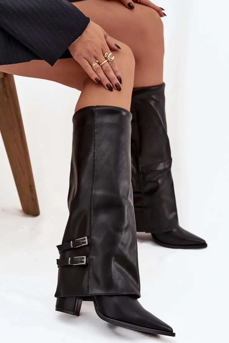 Sale Boto Kozaki Damskie Na Słupku Z Wywiniętą Cholewką I Klamrami Jessae Czarne