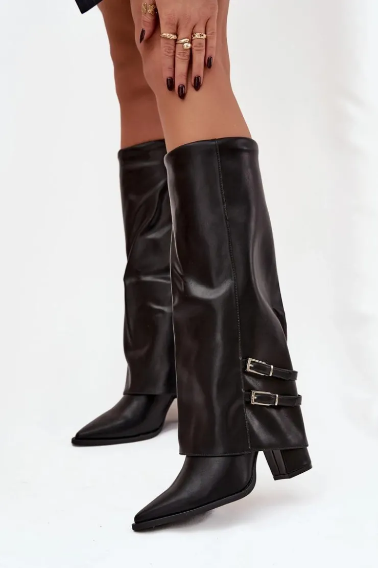 Sale Boto Kozaki Damskie Na Słupku Z Wywiniętą Cholewką I Klamrami Jessae Czarne