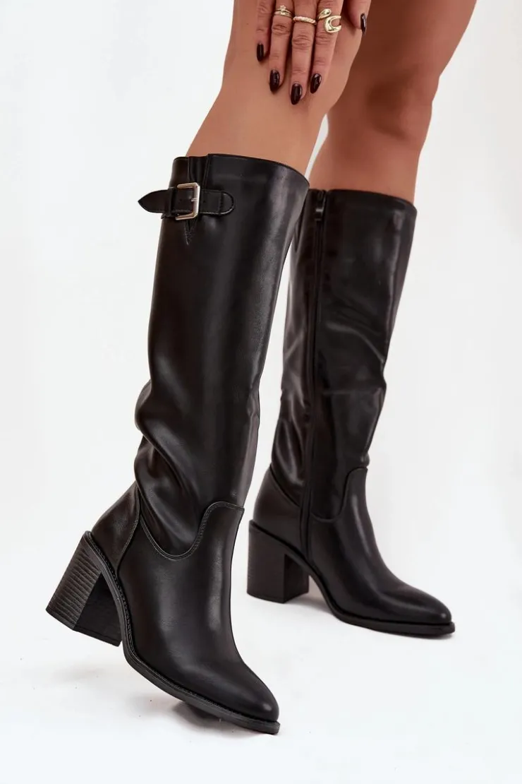 Damskie Boto Kozaki Damskie Na Słupku Z Klamrą Czarne Brenira