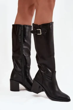 Damskie Boto Kozaki Damskie Na Słupku Z Klamrą Czarne Brenira