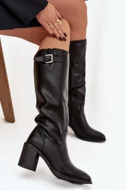 Damskie Boto Kozaki Damskie Na Słupku Z Klamrą Czarne Brenira